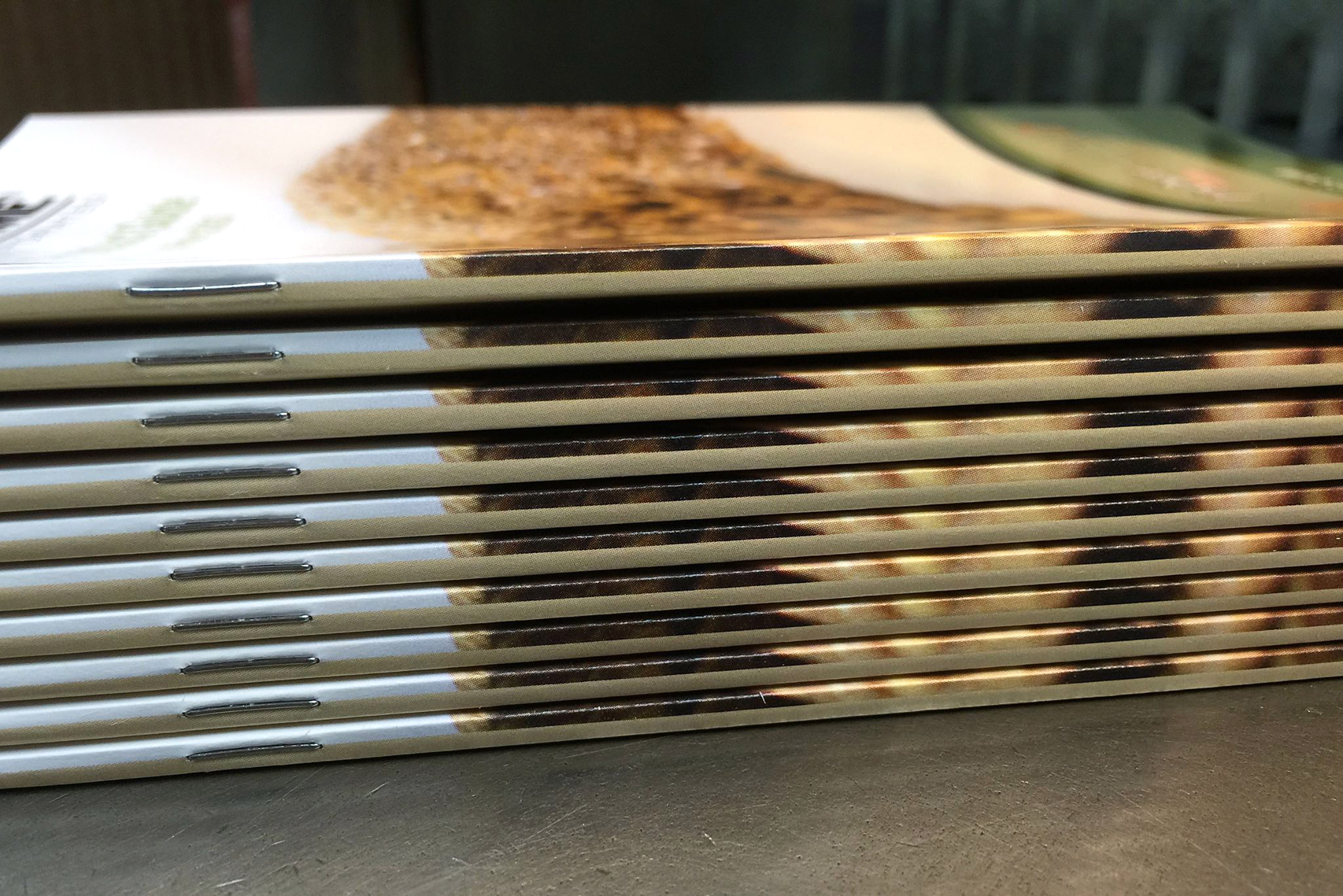 Stack of printed booklets with stapled spines