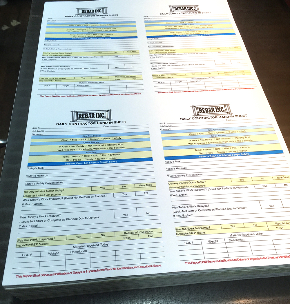 Printed Rebar business forms arranged in multiple copies