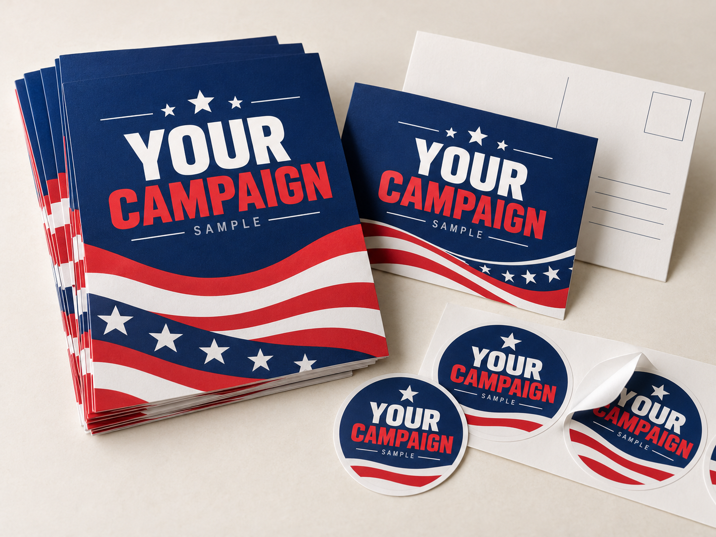 Illustrative sample of red, white and blue campaign handouts, stickers and postcards