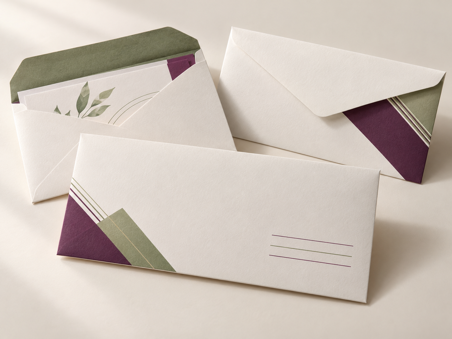 Illustrative sample of printed envelopes with purple and green artwork