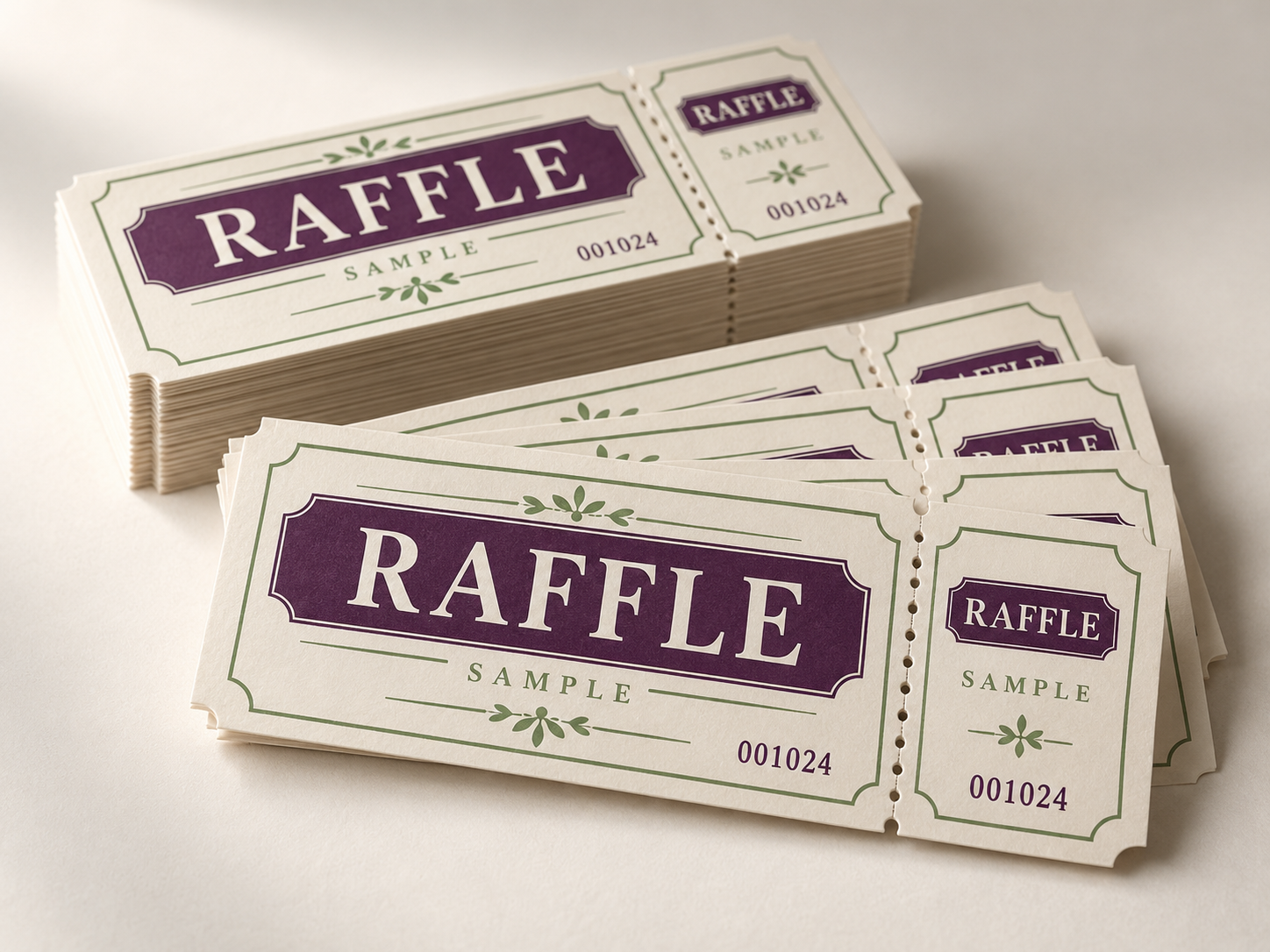 Illustrative sample of numbered raffle tickets with perforated stubs