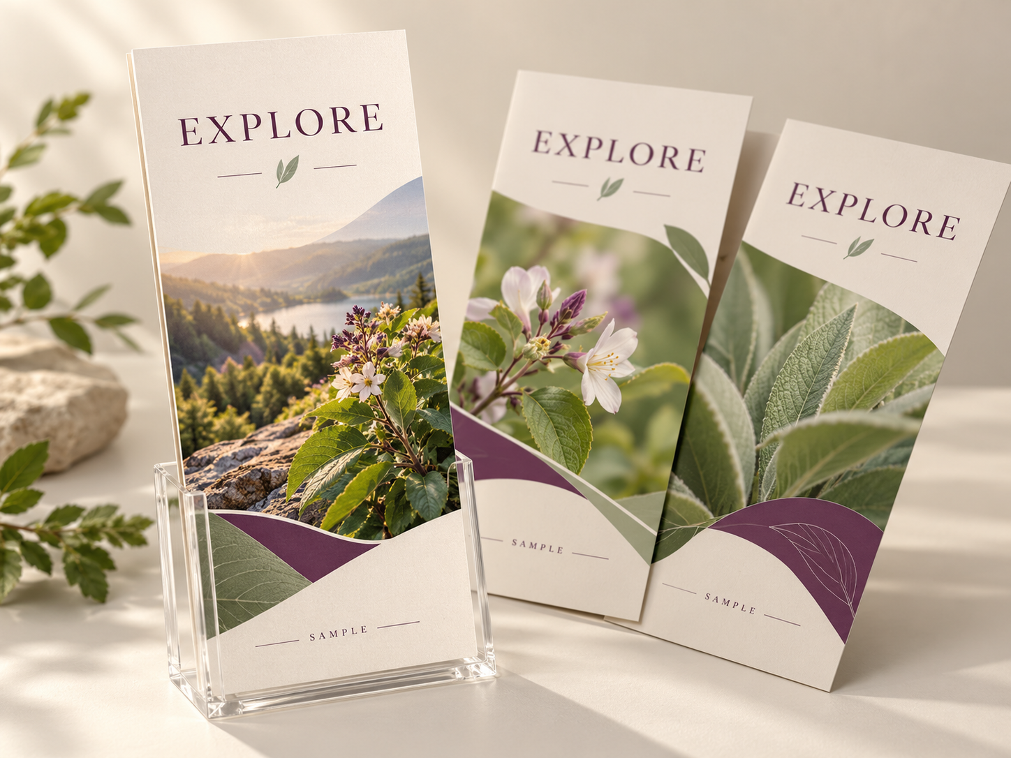 Illustrative sample of nature-themed rack cards in a display holder