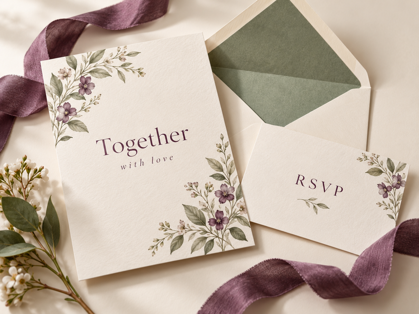 Illustrative sample of floral wedding invitations, RSVP cards and envelopes
